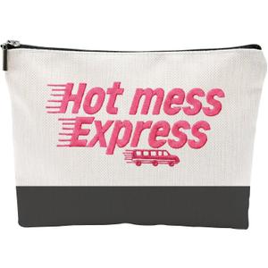 ZUYUROU Funny Makeup Bag for Women - Hot Mess Express Sassy Pink Quote Pouch - Y2K Preppy Style Canvas Cosmetic Organizer - Hilarious Gift for Best Friend, Busy Mom & College Student