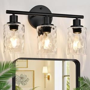 Zarbitta 3-Light Bathroom Light Fixtures, Matte Black Vanity Lights with Water Ripple Clear Glass Shade, Bathroom Wall Lamp for Mirror, Kitchen, Living Room, Hallway, Cabinet, Porch