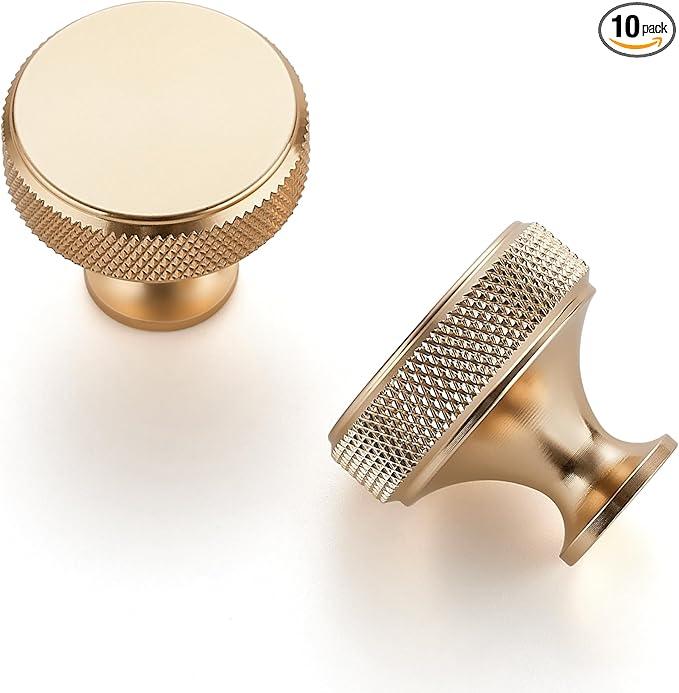 JOY DECOR 10 Pack Brushed Brass Kitchen Cabinet Hardware Knobs Round Solid Knurled Handles Single Hole Drawer Knobs for Cabinet Furniture Champagne Gold Dresser Pulls