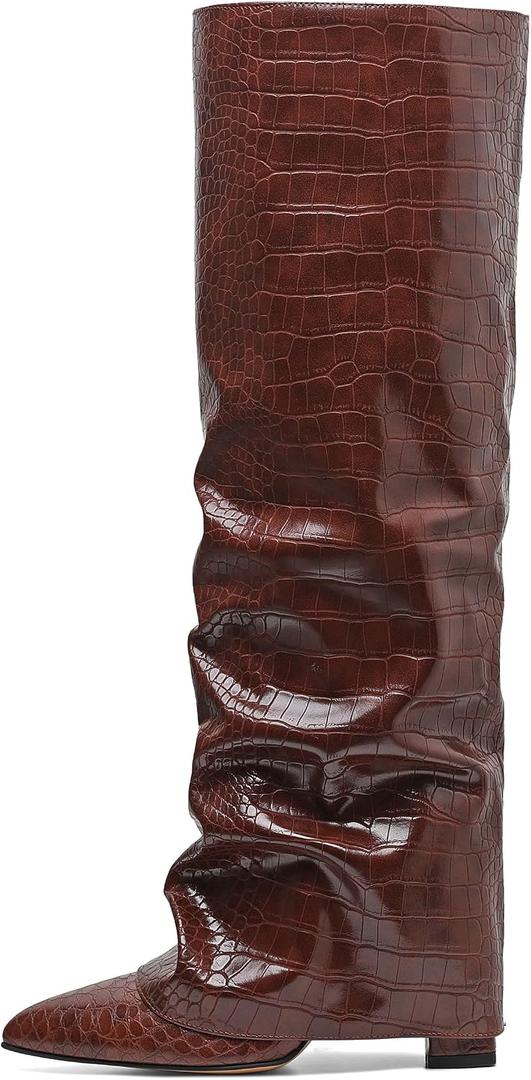 SaraIris Women's Slouchy Knee High Boots - Black, Pointed Toe, Fold Over, Chunky, Shark Boots