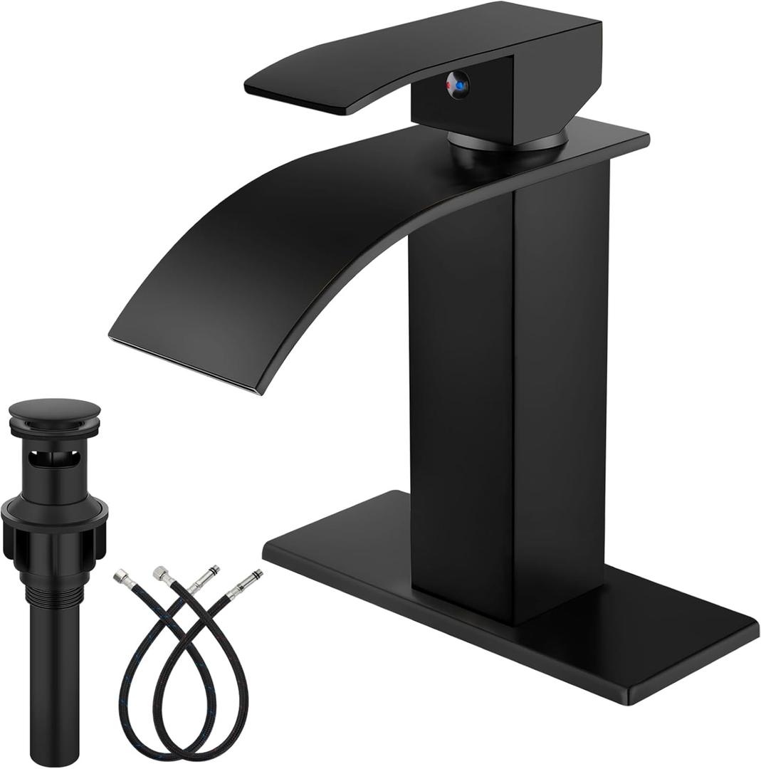 Midanya Bathroom Faucet with Waterfall Spout, Single Hole or 3-Hole Deck Mount, 304 Stainless Steel Sink Faucet with Pop-Up Drain, RV Vanity Compatible, Matte Black