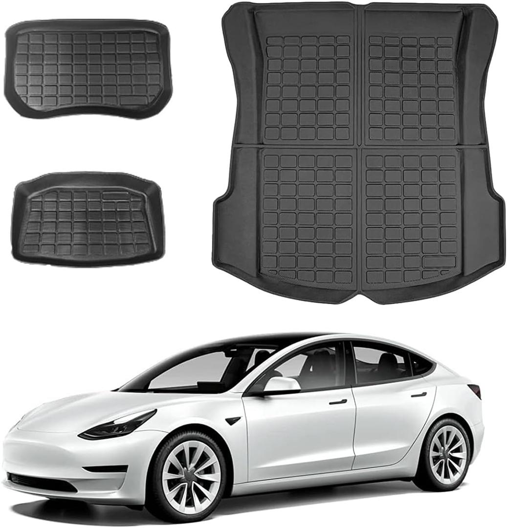 Model 3 Storage Mats  Cargo Liners - All Weather Rear Cargo Trunk Tray Floor Mat Custom Fit for 2020 2021 2022 2023 Tesla Model 3, 3D Tech Waterproof Durable Anti-Slip Flexible TPO Accessories