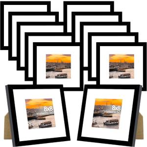 JCJMY 12 Packs 8x8 Picture Frames, Display 5x5 with Mat or 8x8 without Mat, Square 8 by 8 Frames Bulk Set of 12 Collage Wall Decor Photo Frames Set for Wall and Tabletop, Black