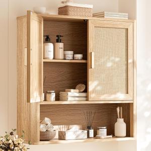 INNOD Rattan Bathroom Wall Cabinet with Open Compartments, Wall-Mounted Medicine Cabinet with Adjustable Wood Shelf & Doors, Over the Toilet Storage Cabinet for Laundry Room & Kitchen & Living Room, 15.27" W x 11.73" D x 67.83" H