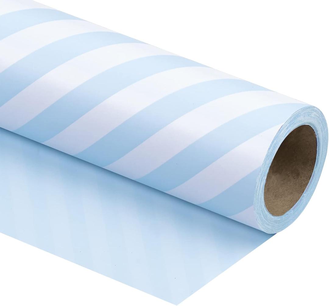 WRAPAHOLIC 30 Inch Reversible Baby Blue Wrapping Paper - Baby Blue and Stripes Wrapping Paper for Birthday, Holiday, Wedding, Baby Shower - 30 inch x 33 feet, 1 Count