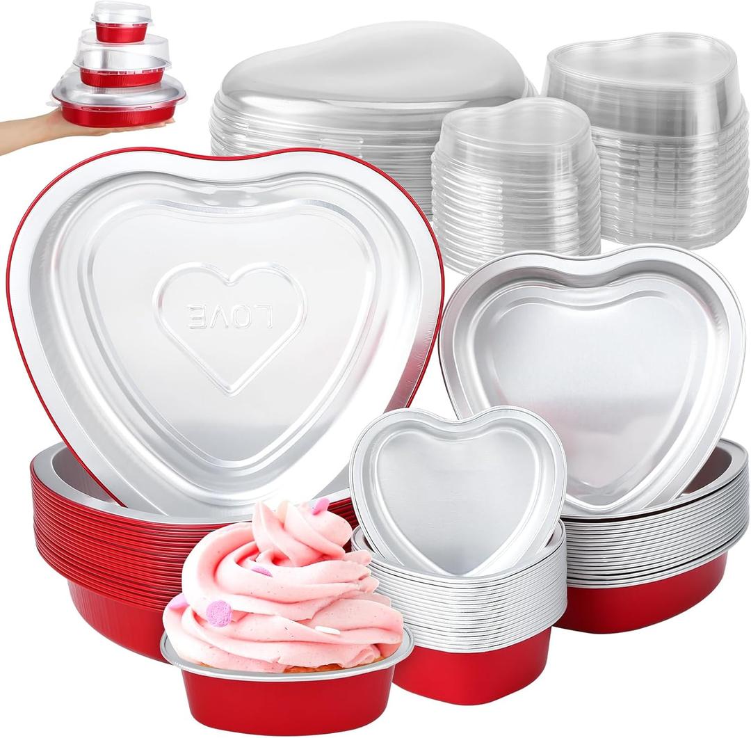 65 Pcs Foil Heart Shaped Cake Pans for Baking, 23 oz 9 oz and 3.4oz Aluminum Cupcake Pans with Lids, Disposable Heart Baking Cups Pans for Valentine's Day Wedding Birthday Party Supplies