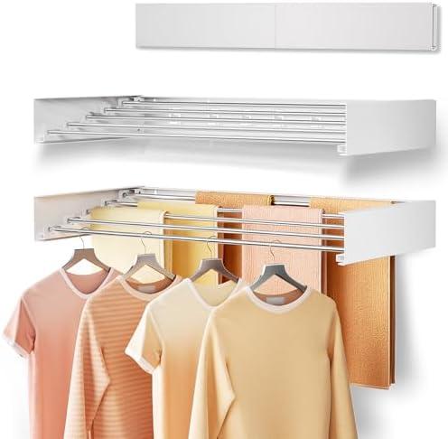Vasunray Wall Mounted Clothes Drying Rack Folding Indoor, Foldable Laundry Drying Rack Collapsible,Invisible, Space Saving, Retractable Towel Drying Rack, with Wall Template(5 Drying Rods, White 32")
