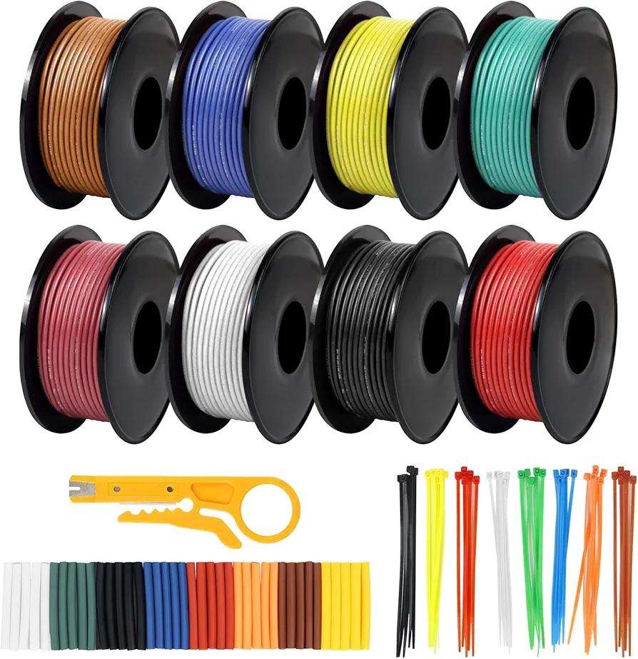 22 AWG Stranded Wire Spool, 16.5ft Each in 8 Colors - Silicone Electrical Tinned Copper Wire, 22 Gauge Flexible Hook Up Wire Kit for DIY, Automotive, Home, and Power Wiring