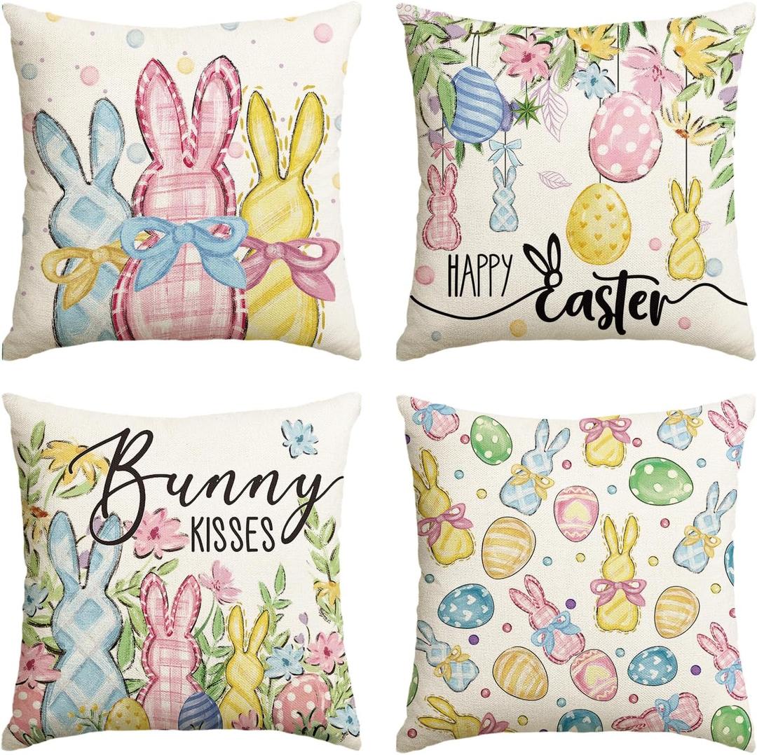 AVOIN colorlife Happy Easter Rabbit Easter Eggs Colorful Flowers Throw Pillow Covers, 18 x 18 Inch Bunny Kisses Eucalyptus Leaves Cushion Case Decoration for Sofa Couch Set of 4