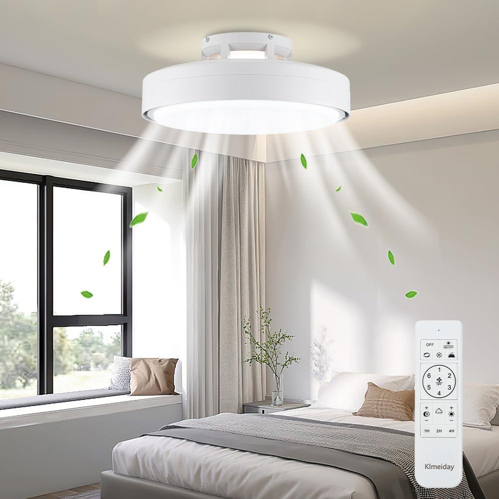 Modern Bladeless Ceiling Fans with Lights and Remote, Reversible, DC Motor 6 Speeds, Stepless dimming and CCT 3000K-6000K LED Lights for Bedroom Kids Room (A07-White, 20.08IN)
