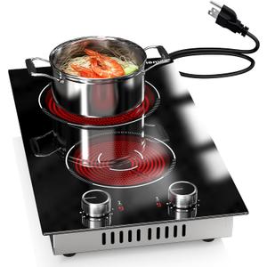 2 Burner Electric Cooktop, 12 Inch Countertop & Built-in Electrical Stovetop, 110V Electric Stove with Plug, Knob Control, 9 Power Level, 2000W(1400W+600W)