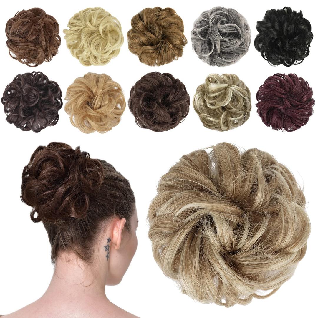 FESHFEN Messy Bun Hair Piece - Elastic Wavy Curly Hair Bun Scrunchies Extensions Synthetic Chignon Hairpieces for Women Girls, Mixed Blonde and Ash Blonde Tips 1.5 oz (Medium)