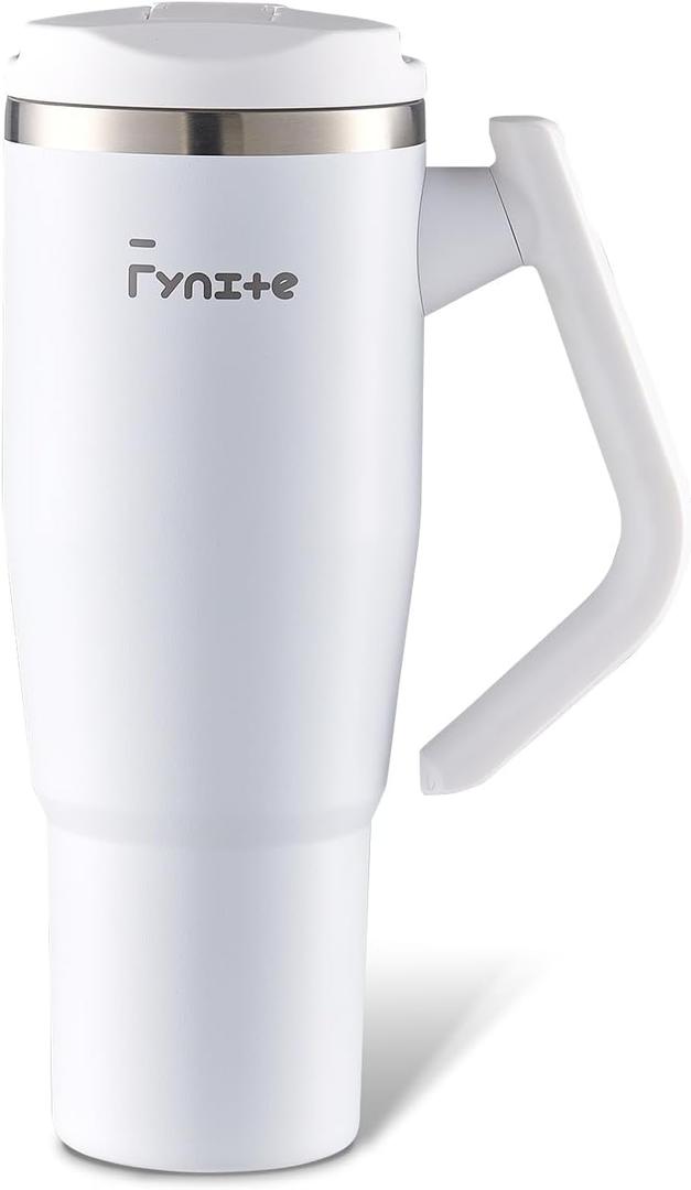 Fynite 40 oz Tumbler with Rotated Handle & Flip Straw | Triple Layer Vacuum Insulated Stainless Steel Cup, Leak Resistant Water Bottle for Water, Iced Tea or Coffee | Gifts for Women & Men - White