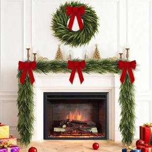 2PCS 9FT Christmas Garland with 6 Red Bows Norfolk Pine Garland, Real Touch Artificial Faux Greenery Garland for Mantle Fireplace, Table Staircase Indoor Outdoor Decor