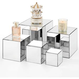 Geetery Set of 5 Silver Acrylic Mirrored Display Buffet Risers with Hollow Bottom Acrylic Cube Stand Boxes for Display Dessert Table Stand for Catering Collectibles Jewelry Decor(3, 4, 5, 6, 6.5 Inch)