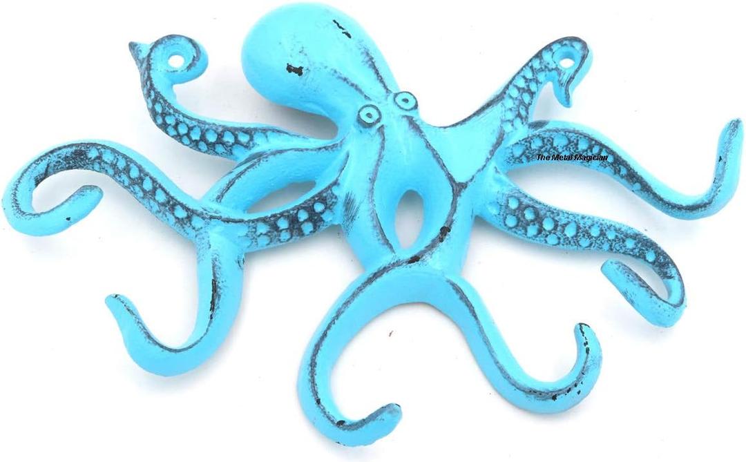 Octopus Keys Hook, Decorative Wall Mounted Nautical Wall Rack, Antique Key Holder Hook, Cast Aluminum Hanger for Coat, Hand Towel, Bathrobe, Jacket, Bedroom, Kitchen & Balcony (Distressed Blue)