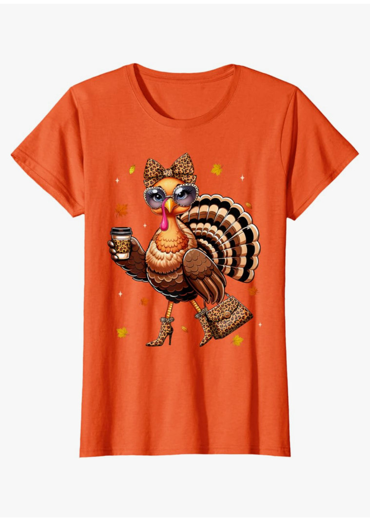 Leopard Turkey Drinking Coffee Thanksgiving Women Turkey Day T-Shirt X