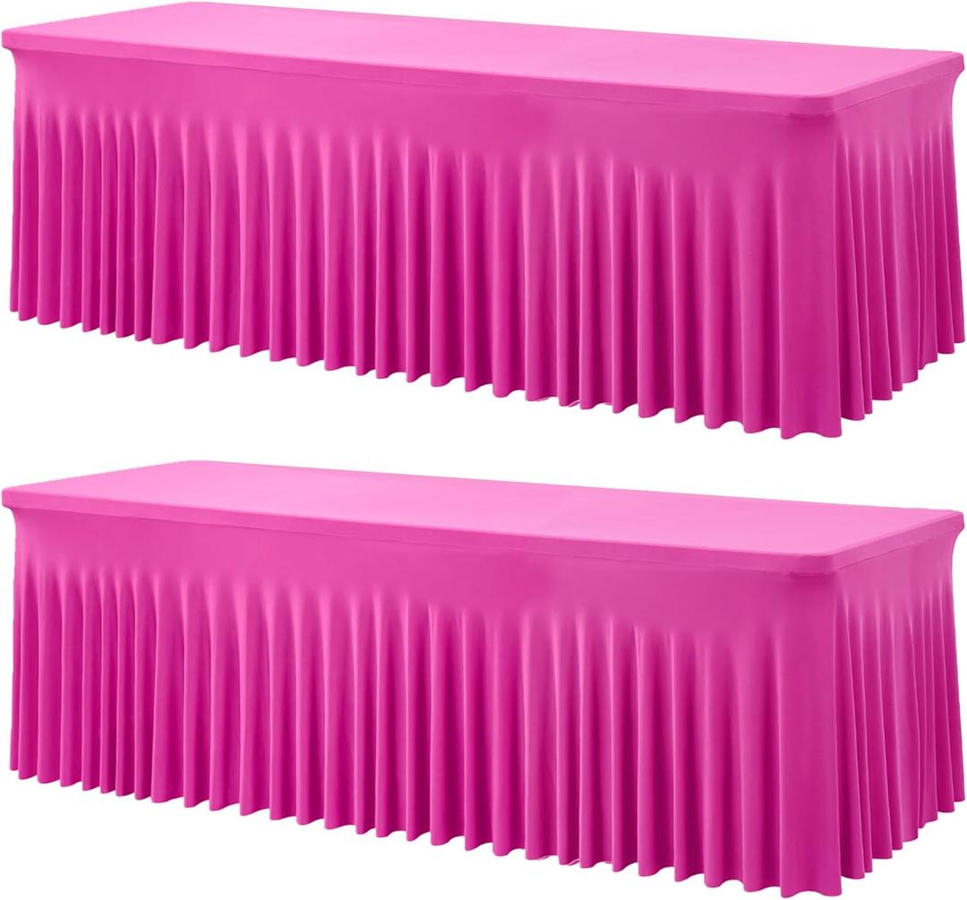 2 Pack Hot Pink Spandex Tablecloths for 8 Foot Rectangle Tables, Wrinkle Free Fitted Table Cloths Fuchsia 8ft Stretchy Table Cloth Cover with Skirt for Parties Weddings Birthday Banquet Baby Shower