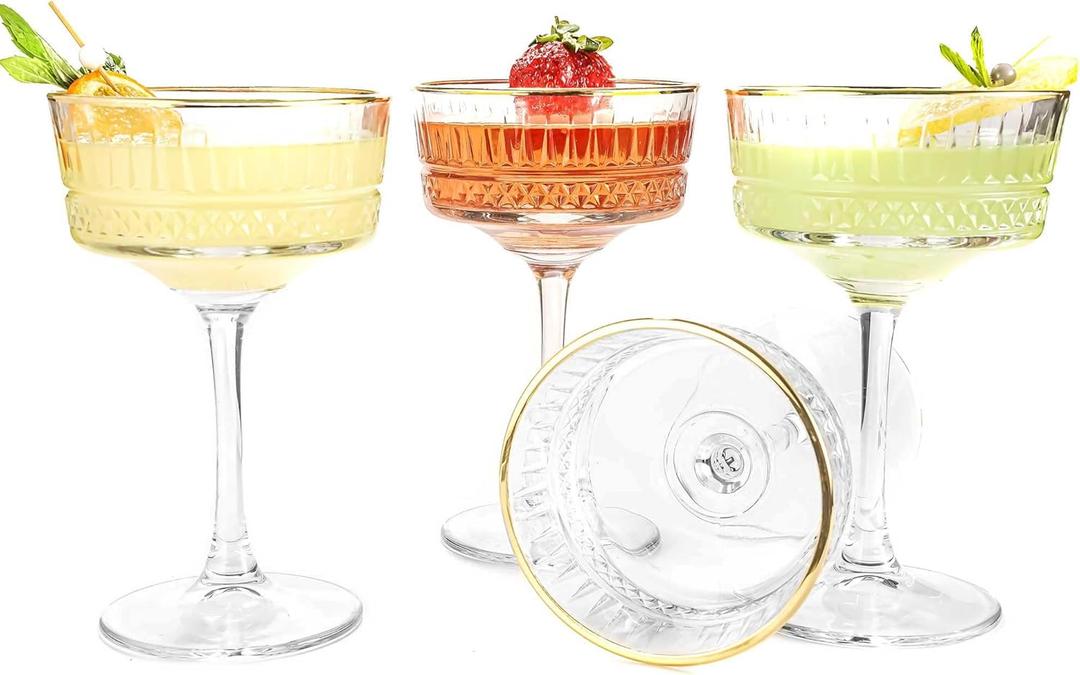 The Buybox Vintage Coupe Glasses Set of 4, Champagne, Cocktail, Martini, Wine Glasses, Long Stem Glassware (8.8oz/260ml) (4 Pack Gold Rimmed)