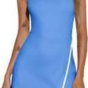 Fisoew Women's Workout Tennis Dress with Built-in Bra & Shorts Pockets Sleeveless Crewneck Golf Athletic Mini Dresses (Small, Blue)