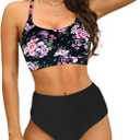 Women's High Waisted Bikini Sets Sporty Scoop Neck Cross Back Bathing Suit Two Piece Swimsuits for Women (Large, Bigflowerblack)