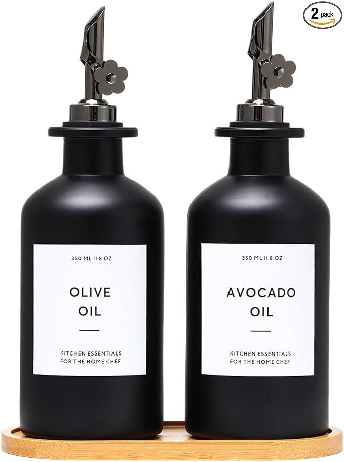 Olive Oil Dispenser for Kitchen, 11.8oz Glass Kitchen Dispenser Bottle, Black Oil&Vinegar Cruet Set, Leakproof Olive Oil Bottles | Set of 2 (11.8oz – Black)