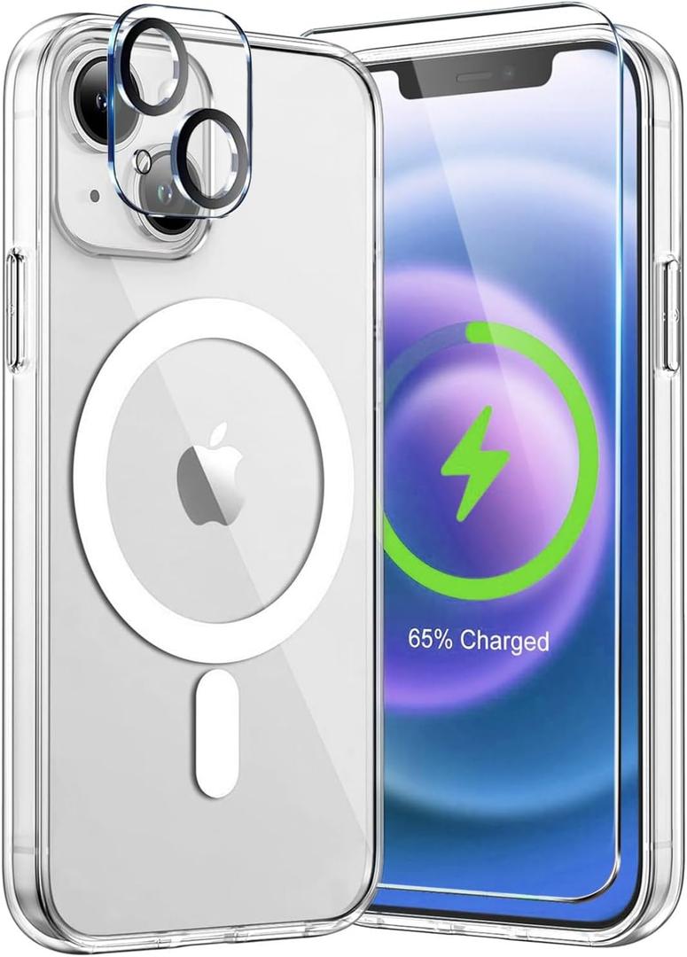 MOCCA Strong Magnetic for iPhone 13 Case Clear, [Anti Yellowing][Compatible with Magsafe][Screen Protector+Camera Lens Protector] Slim Shockproof Protective Case for iPhone 13 Phone Case 6.1", Clear (iPhone 13 6.1inch, A-Clear)