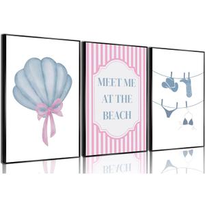 Pink and Blue Coastal Wall Art Set Of 3 Preppy Bikini Shells Painting Picture Wall Decor Meet Me at the beach Poster Print Artwork for Living Room Bedroom Dining Room Bathroom Home Decoration Unframed (24L" x 16W")