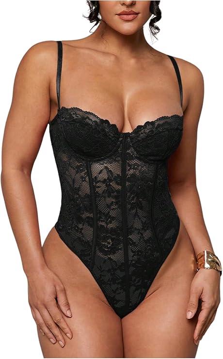 SweatyRocks Women's Sheer Lace Spaghetti Strap Underwire Bodysuit Corset Tops Sexy Skinny Leotard L