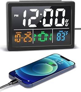Digital Alarm Clock, with 5.5" Large LED Time Display, Adjustable Alarm Volume, 6 Level Brightness, Alarm Settings, USB Charger, Temperature Detect, Snooze, Clocks for Bedroom, Bedside, Desk