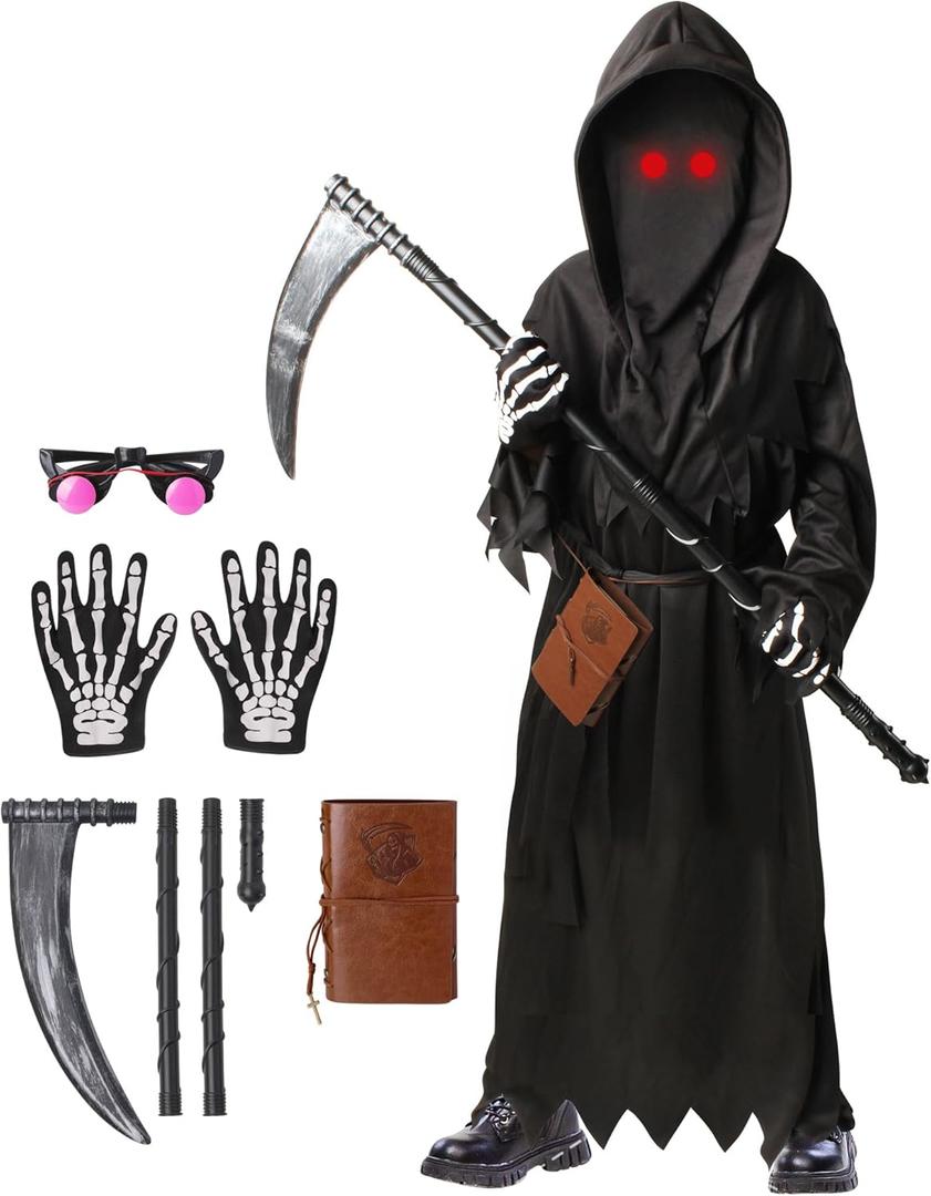 Oskiner Grim Reaper Costume for Kids, Scary Halloween Costume for Boys with Glowing Red Eyes/Scythe/Notebook/Gloves (Large)
