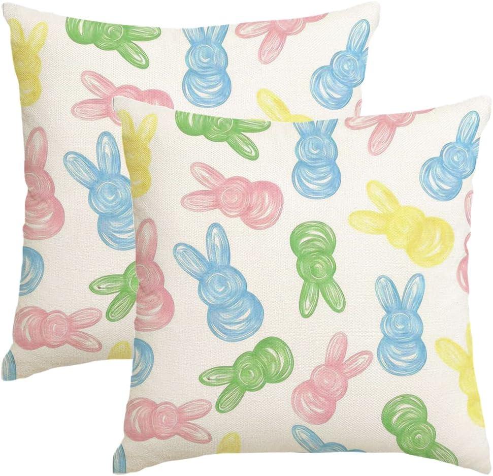 RABUSOFA Easter Pillow Covers 18x18 inch Set of 2 Easter Decorations for Home Colorful Rabbit Throw Pillows for Bedroom Sofa Holiday Festivals Home Decor (Multicolor)