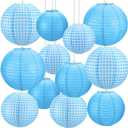 12 Pcs Blue Gingham Paper Lanterns Folding Hanging Chinese or Japanese Round Paper Lanterns for Boy Baby Shower, Birthday, Wedding, Picnic, BBQ & Mamma Mia Party Decor