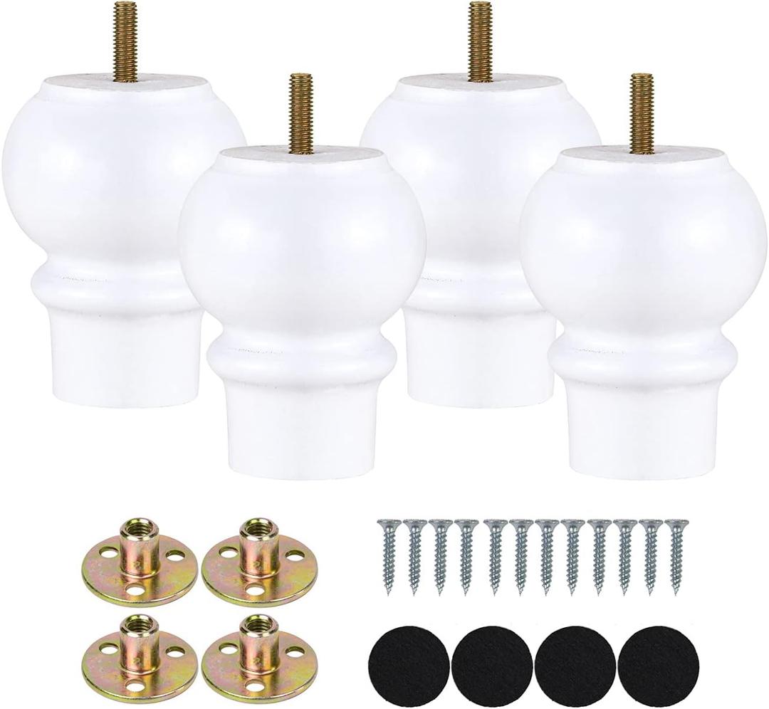 Maricome 4 Inch White Furniture Legs Set of 4 Wood Replacement Legs for Cabinet Dresser Ottoman M8 Bolt Pre-Installed