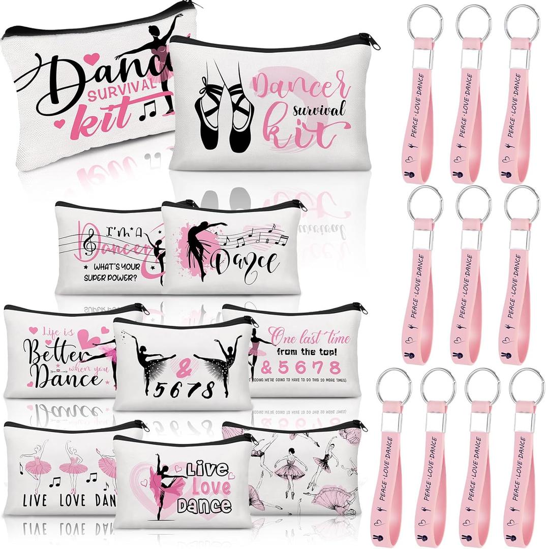 Kacctyen 20 Pcs Dance Gifts Bulk Dance Makeup Bag for Women Ballet Dancer Cosmetic Bag and Silicone Quote Keychains Stuff Class Prizes Party Favor Back to School Gift for Team