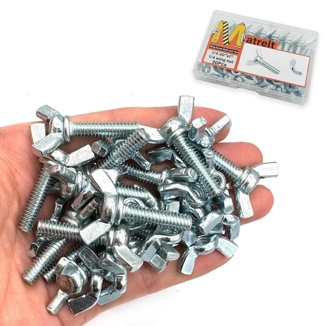 30 Pcs 1/4"-20 x1 Wing Screw Bolts and Wing Nut Kit Butterfly Screws and Nut with Hand Twist Tighten Wing Head Zinc Plated Hardware Fitting Fastenings Assortment Kit (Silver)