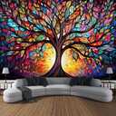 Tree of Life Wall Hanging Decor Tapestry with Stained Glass Colorful Wall Art Large Tapestry Mural Decor Photograph Backdrop Blanket Curtain Home Bedroom Living Room Decoration (60"L x 51"W)
