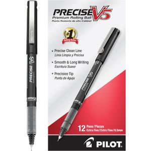 Pilot Precise V5 Rollerball Pens, Extra Fine Point 0.5 mm Black Pens, Black, Pack of 10 - Ideal for School, Journaling & Office Writing
