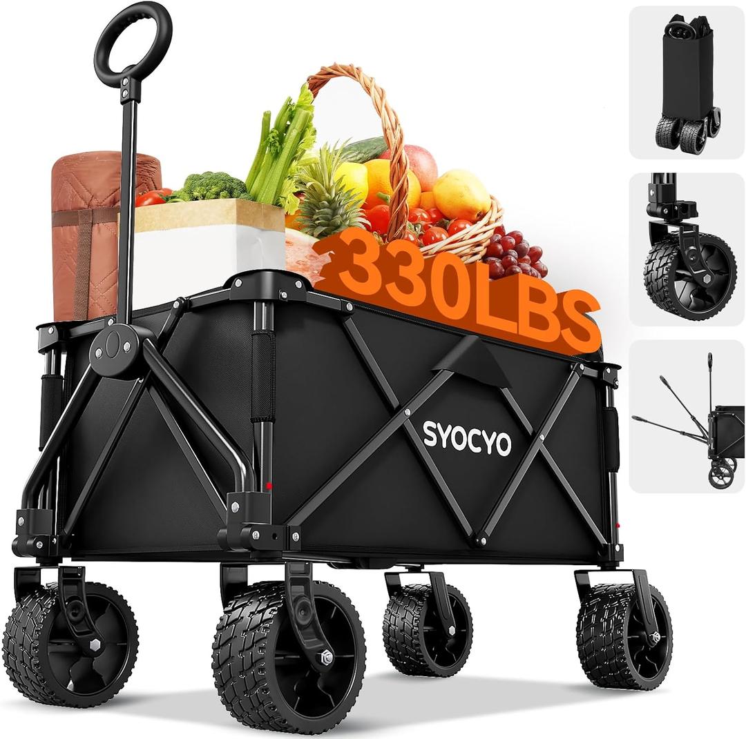 Syocyo Collapsible Wagon with Big Wheels, Beach Wagons Carts Foldable with All-Terrain Wheels, Large Weight Capacity Heavy Duty Carts with Cup Holders for Camping, Garden, Sports, Grocery, Carbon Black