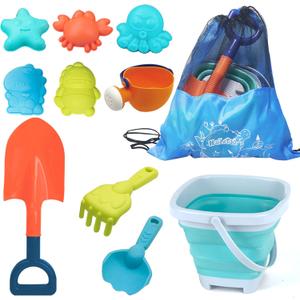 Beach Toys Set for Kids -Collapsible Sand Bucket & Mesh Beach Bag and Shovels Sand Rake Toy 11Pcs Set, Animal & Dinosaur Molds, Fork, Rake & Watering Can for Toddlers Ages 3+