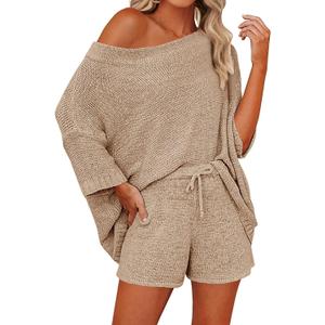 Mafulus Women's 2 Piece Outfits Sweater Sets Off Shoulder Knit Top Shorts Matching Suits Cute Pajama Lounge Set (Large, Khaki)