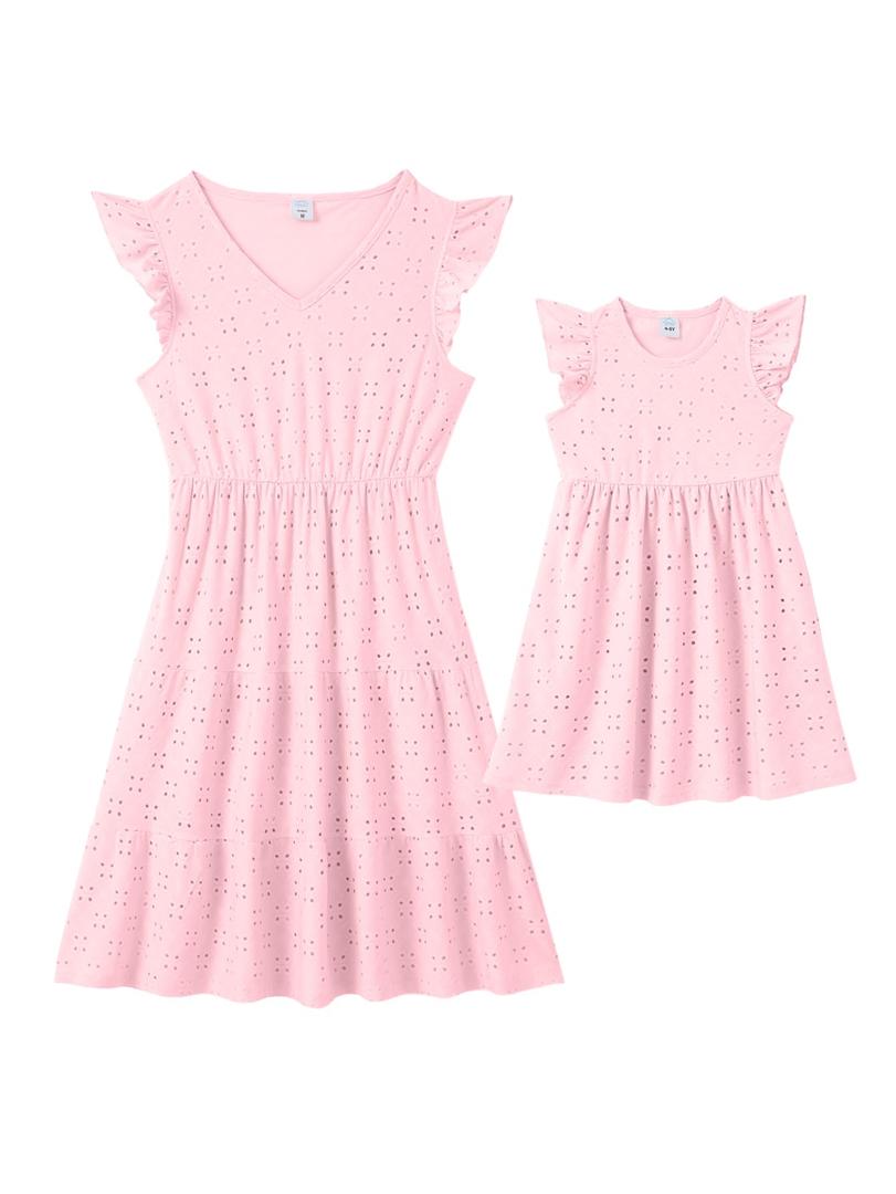 IFFEI Mommy and Me Matching Dresses Womens Eyelet Lace Ruffle Sleeve Midi Sundress for Casual Holiday Outfits Pink Women XL