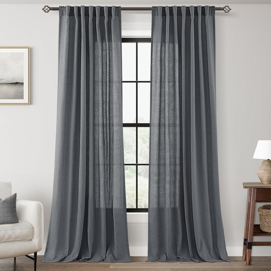 Dark Gray Curtains for Living Room Back Tab Modern Farmhouse Semi Sheer Gray Curtains 108 inches Long 2 Panels Set Muted Neutral Window Curtain for Dining Room Bedroom 52x108