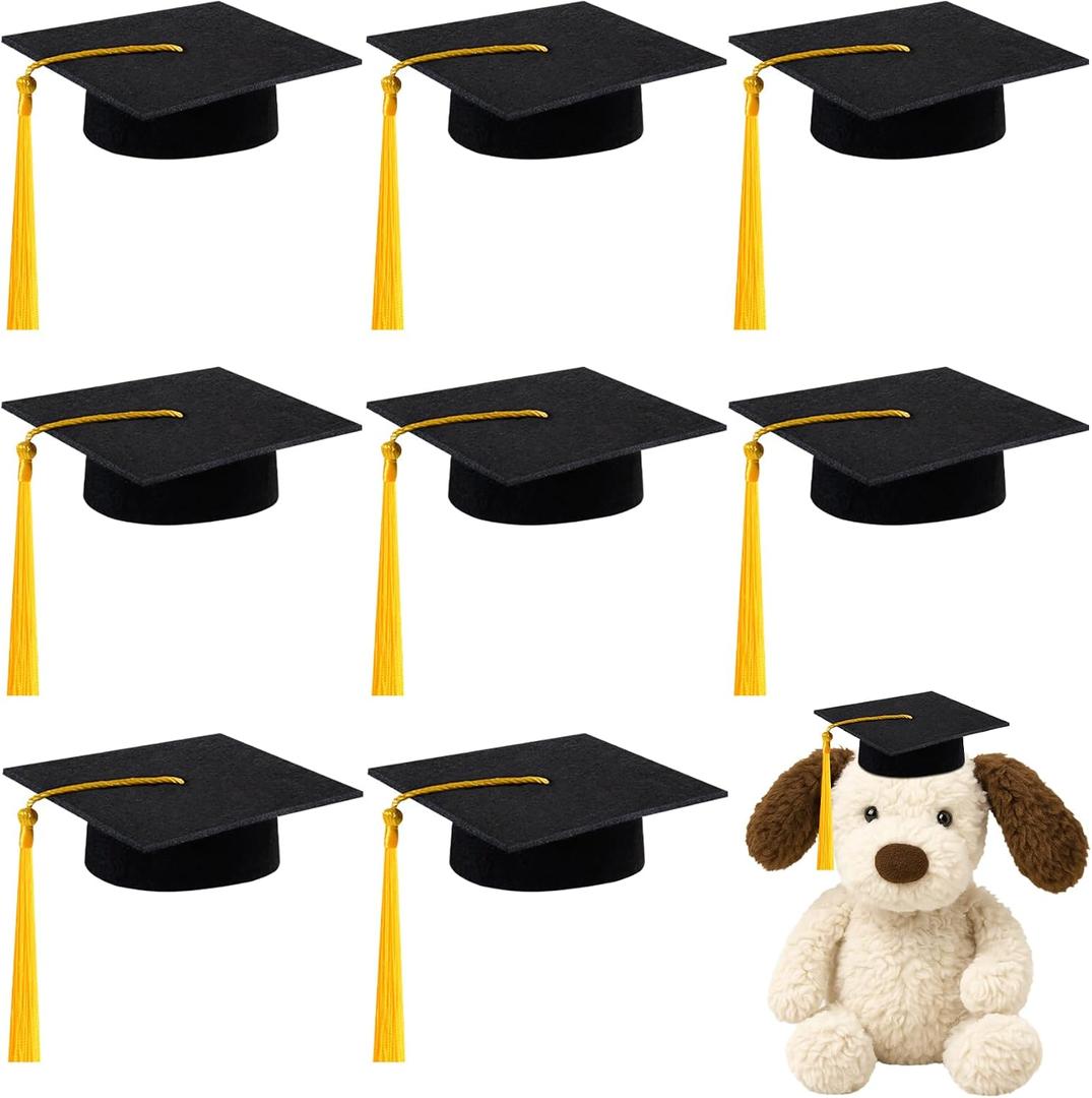 SVKN 9 Pcs Mini Graduation Cap with Tassel Mini Plush Mason Jar Small Animal Bachelor Hat Graduation Decoration Party Favors