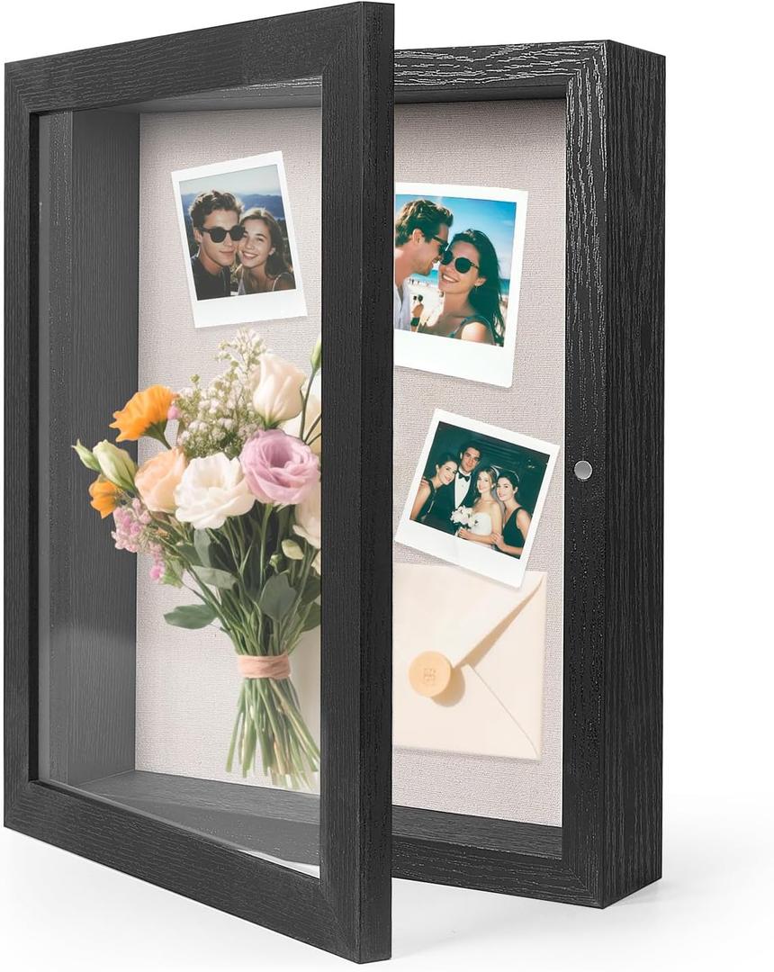 HOUSE DAY 11x14 Shadow Box Frame, Front Open Magnetic Shadow Boxes Display Cases with Linen Back, Pins, for Photos or 3D Itmes Under 9x12, Tabletop or Wall Mount Display Case for Memorabilia, Black