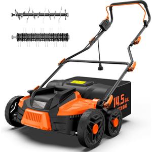 TIECTOWN 16-Inch 15.5 Amp 2-in-1 Electric Dethatcher and Scarifier with 14.5-Gallon Collection Bag, Lawn Dethatcher with 5-Position Depth Adjustment, Blade Replacement Without Tool - Orange