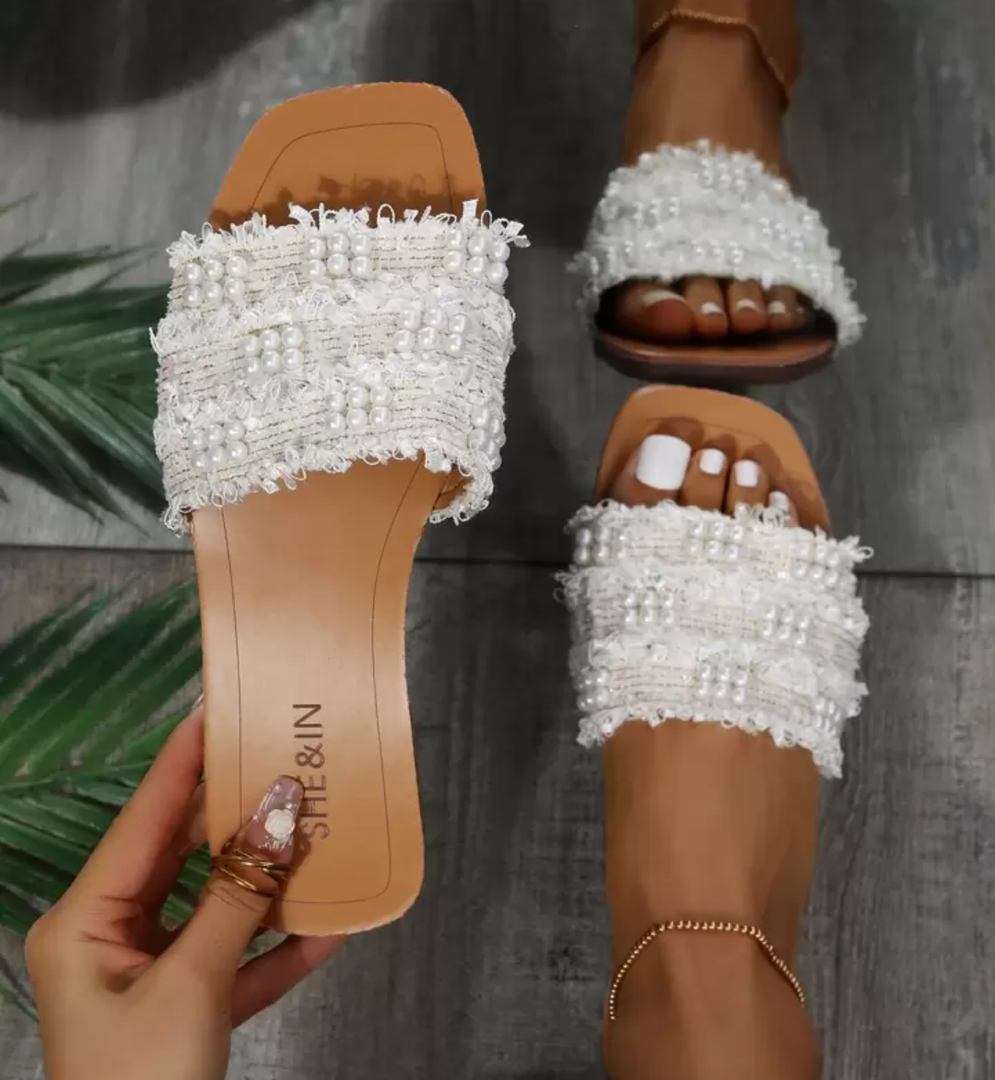 Fashion White Sandals For Women, Faux Pearl Decor Slide Sandals Valentines, Size 41