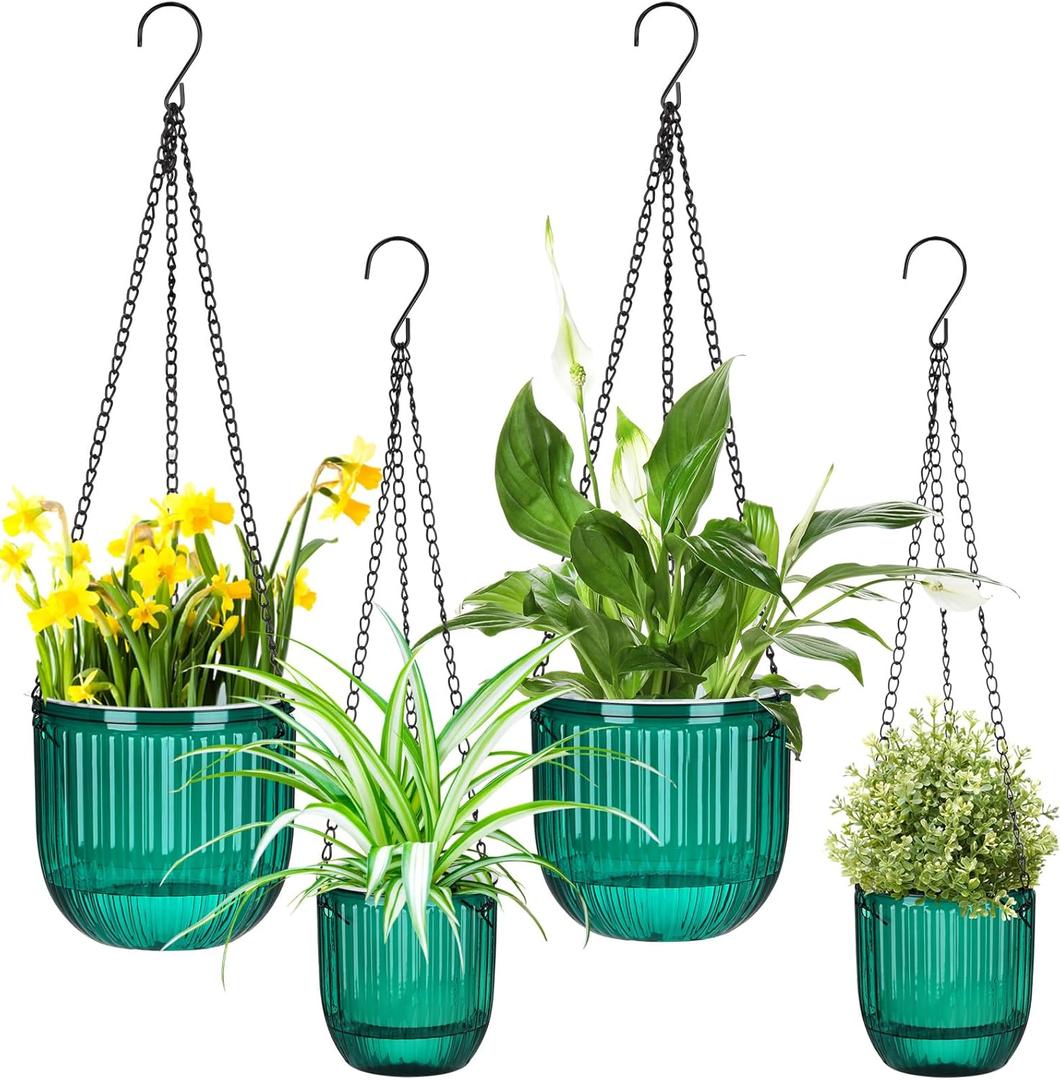 Maxcheck Pack of 4 Self Watering Hanging Planters Indoor Gift 6.5'' 4.5'' Hanging Flower Pots Baskets Outdoor Self Watering Plant with 3hooks Drainage Holes for Home(Emerald)