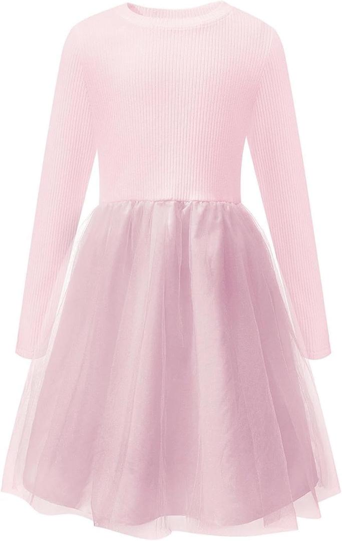 Little Bitty Girls Long Sleeve A-Line Tulle Princess Dress, Midi Length Casual Party Ribbed Knit Top Tulle Skirt Pink 10-11Y