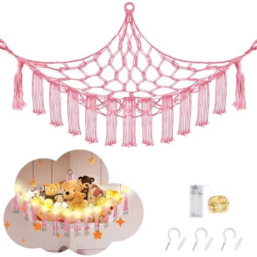 CERETIA Stuffed Animal Hammock with LED Light, Large Stuffed Animals Storage Corner Plushie Net for Kids Room Decor, Pink